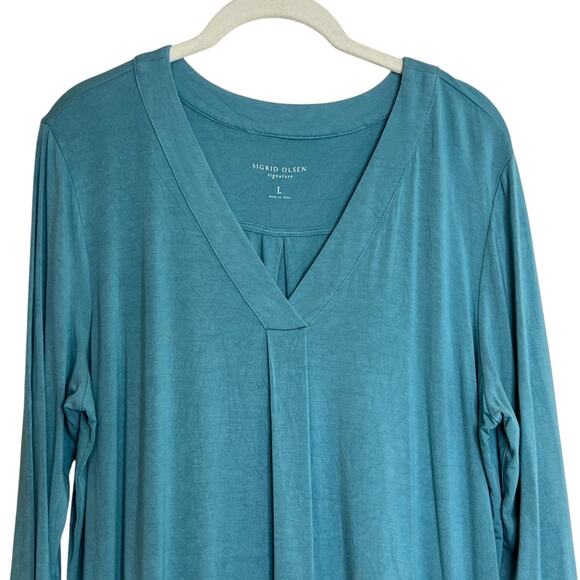 Sigrid Olsen Signature Womens Tunic Top L Teal Blue Bamboo Blend Relaxed Fit - Picture 2 of 6